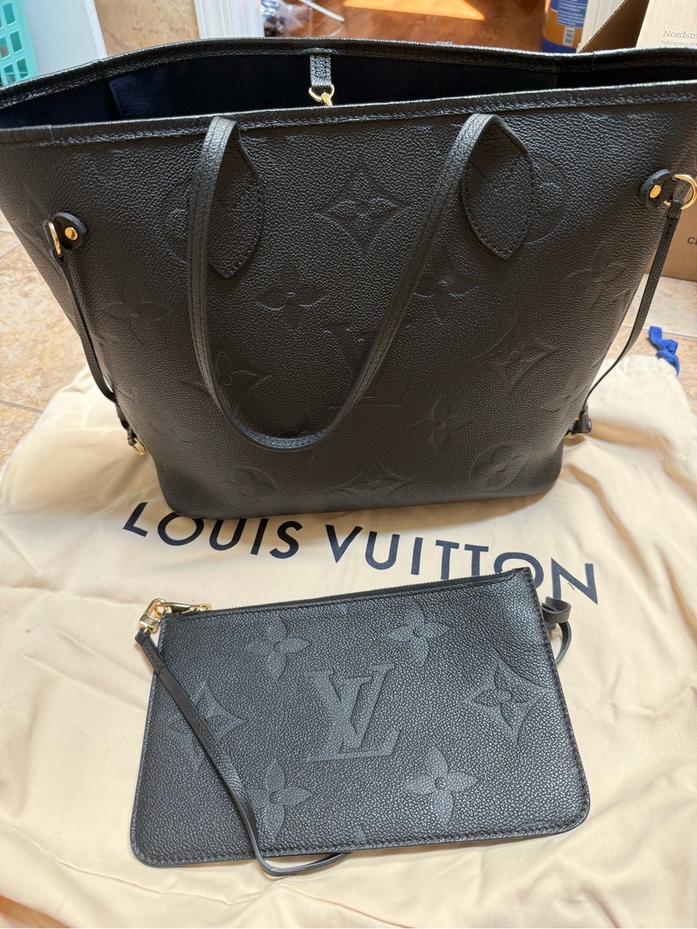 Louis Vuitton Black Monogram Embossed Neverfull-Style Tote with Pouch
